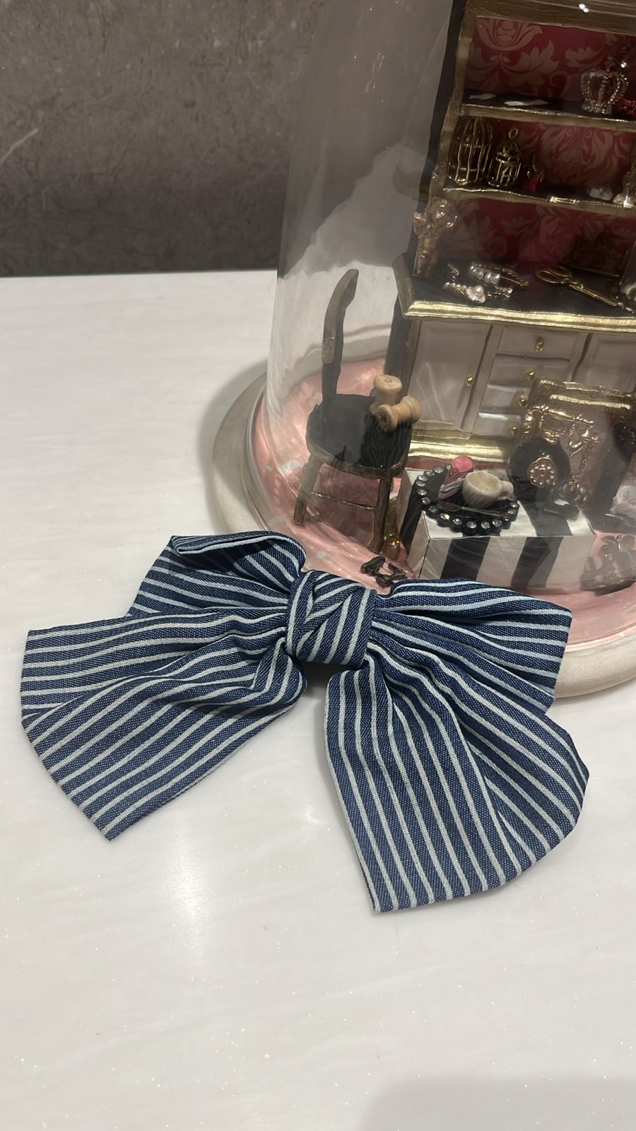 Striped Classic Dark Blue Hair Bow