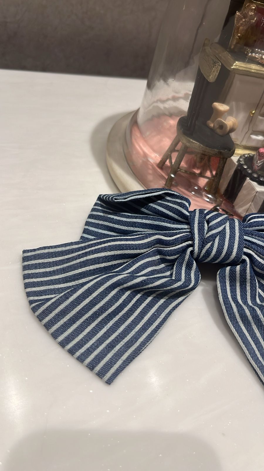 Striped Classic Dark Blue Hair Bow