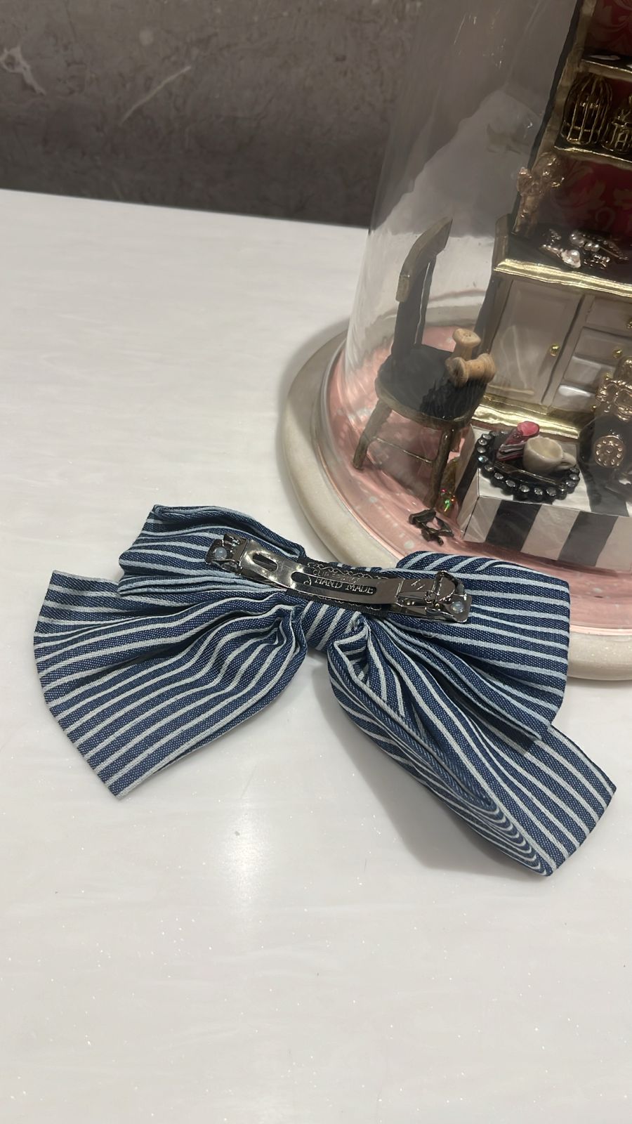 Striped Classic Dark Blue Hair Bow