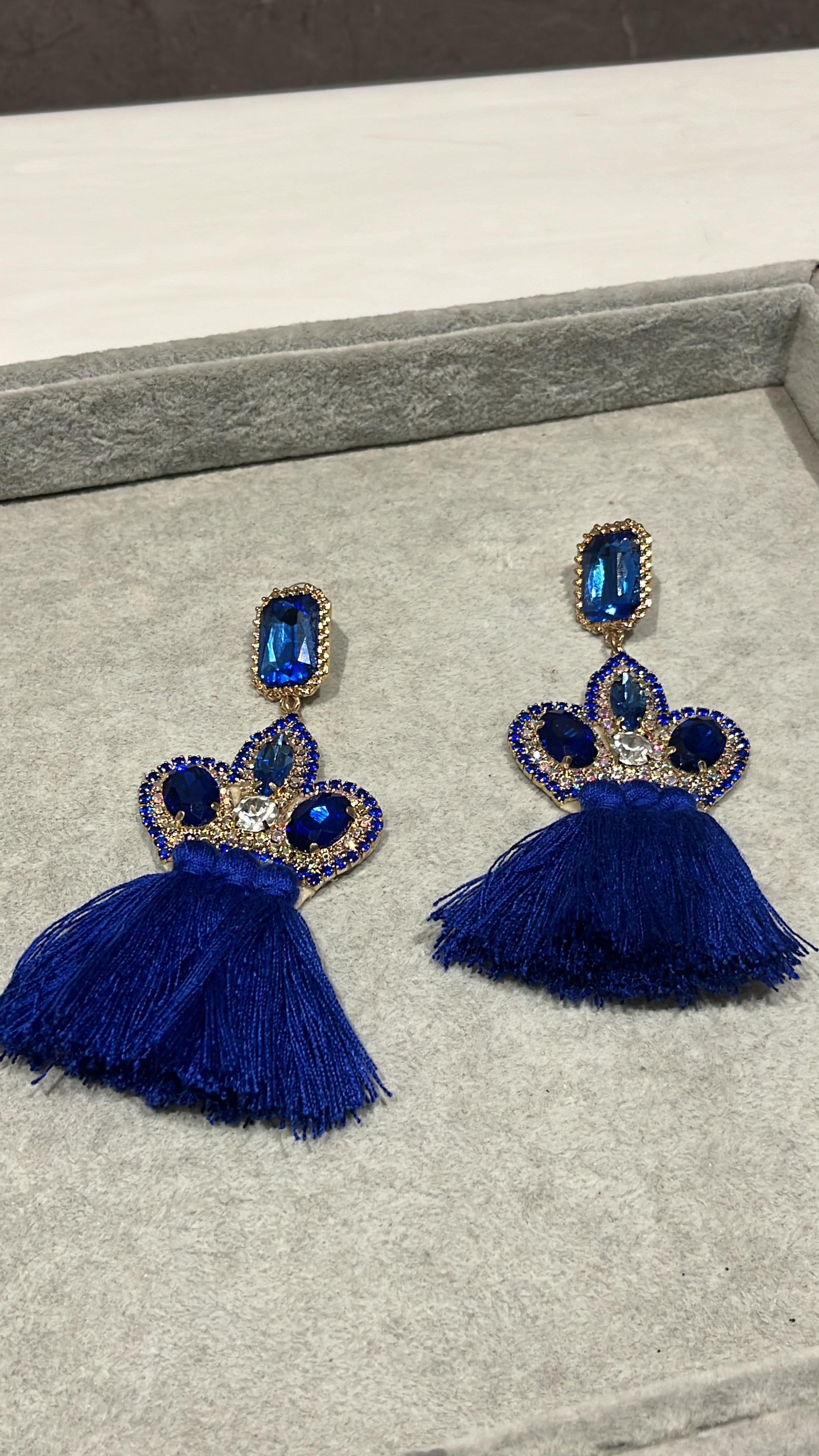 Crystal Cascade Royal Blue Tassel Earrings