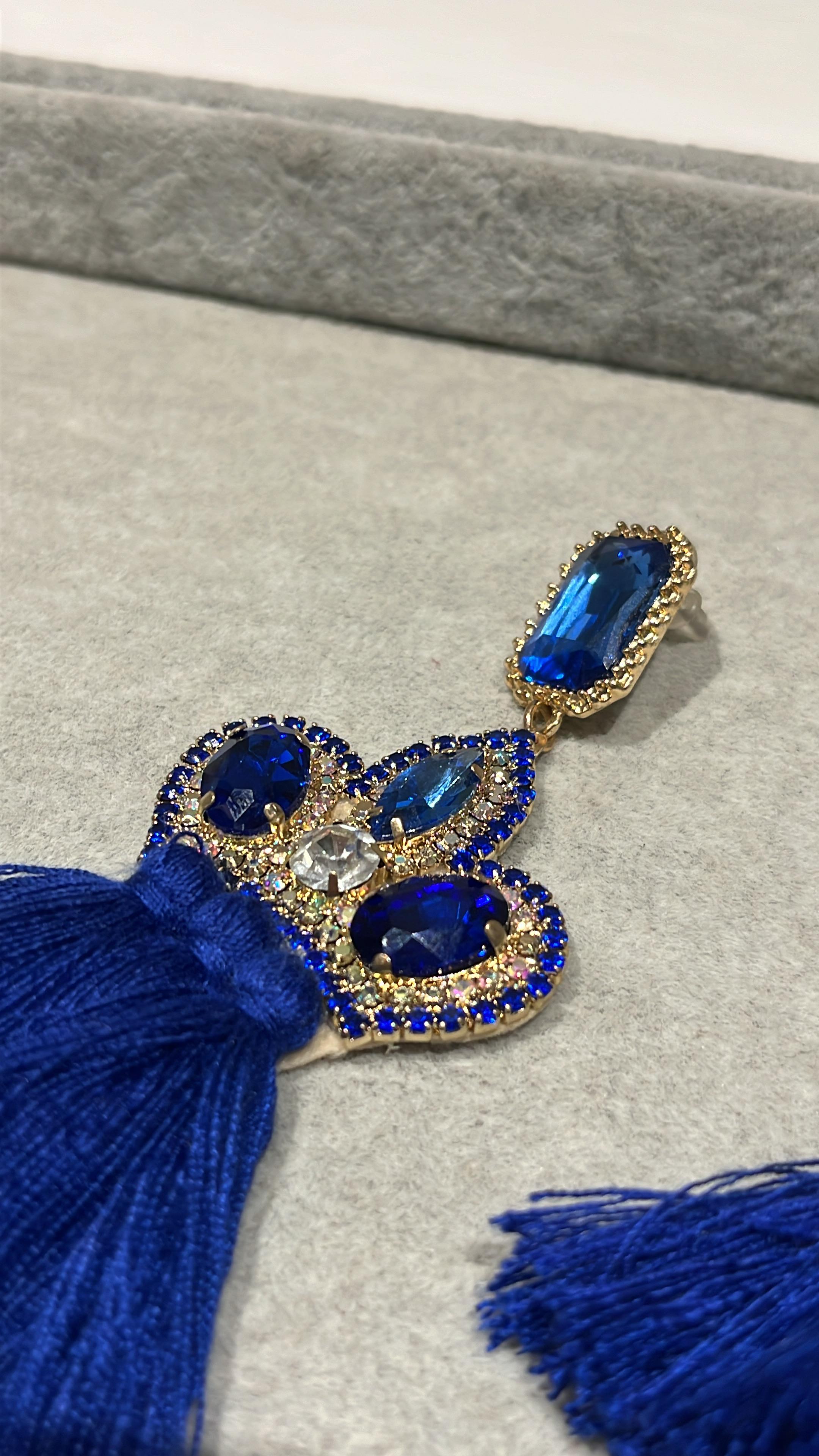 Crystal Cascade Royal Blue Tassel Earrings