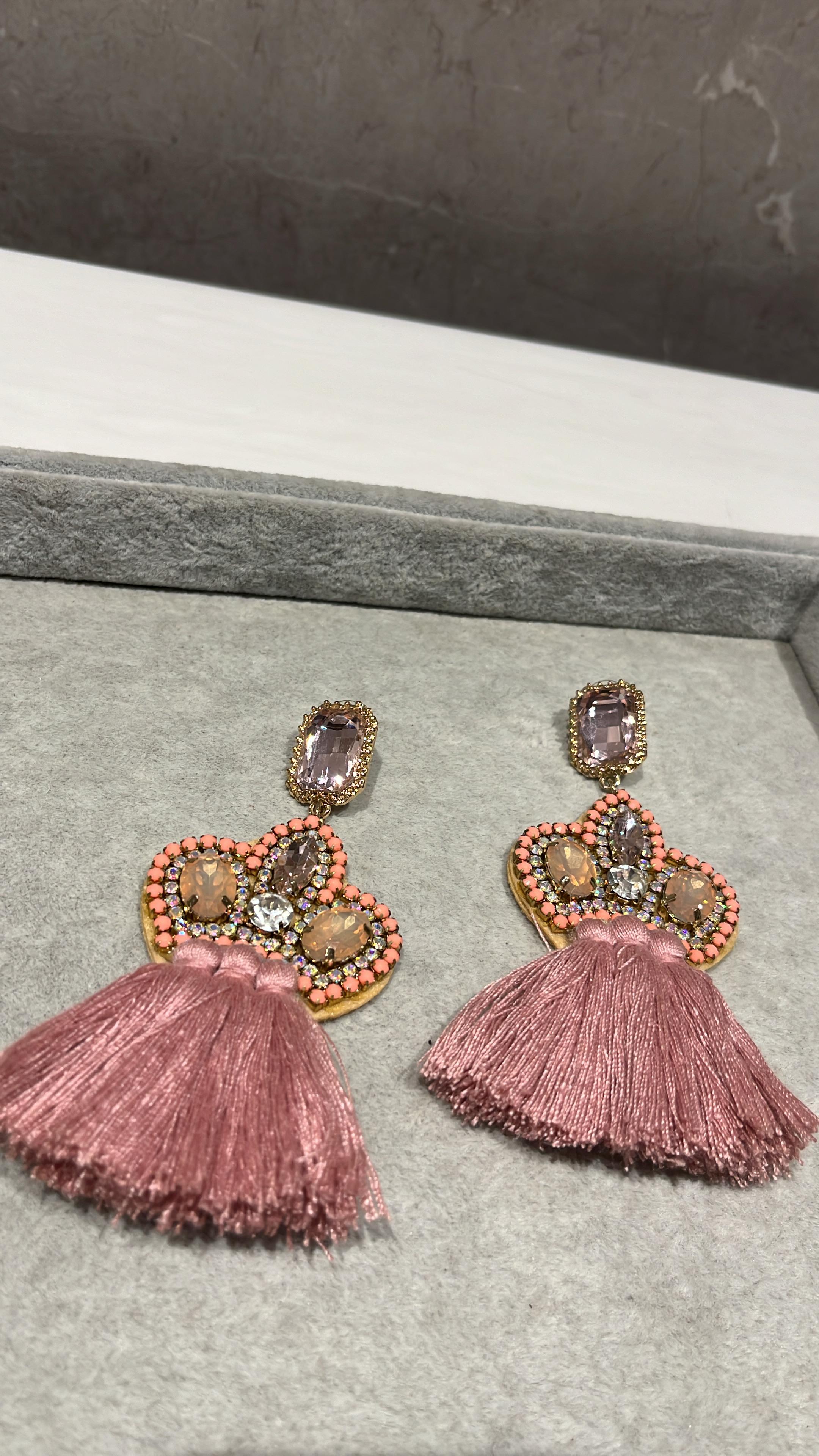 Crystal Cascade Pink Tassel Earrings