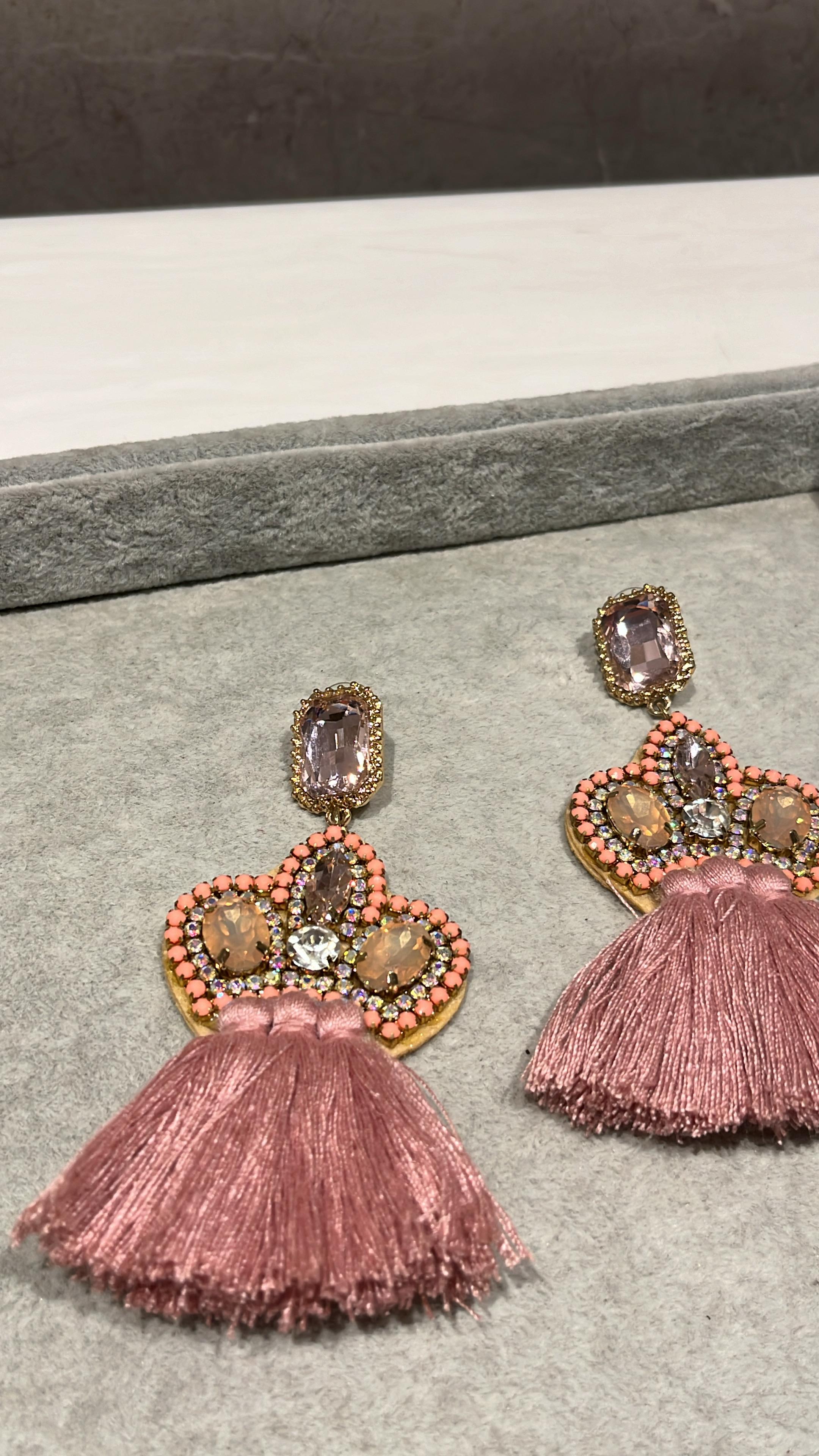 Crystal Cascade Pink Tassel Earrings